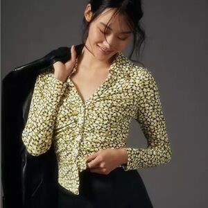 Maeve Ruched Button Down Floral Top